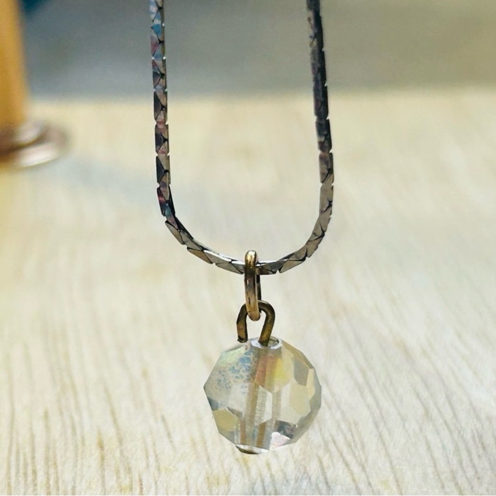 Iridescent Crystal Pendant Necklace Silver Vintage Aurora Borealis AB Pendant - Picture 7 of 7